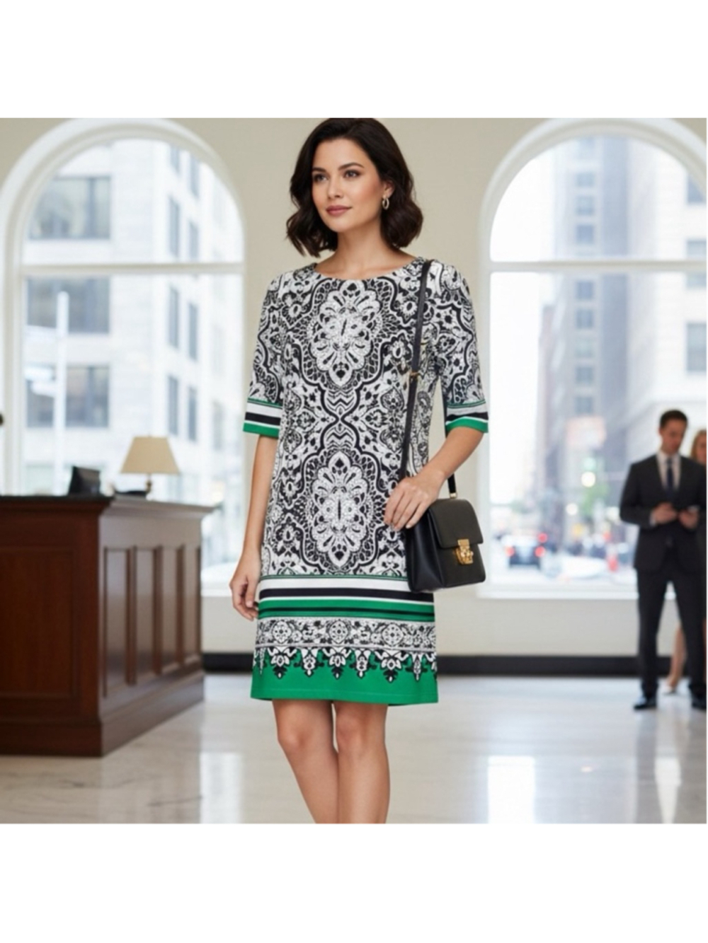 ELIZA J jacquard print 3/4 sleeve classic shift dress size 4